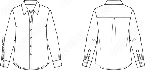 Long sleeve button down shirt technical fashion flat sketch front and back view casual womenswear apparel illustration vector outline