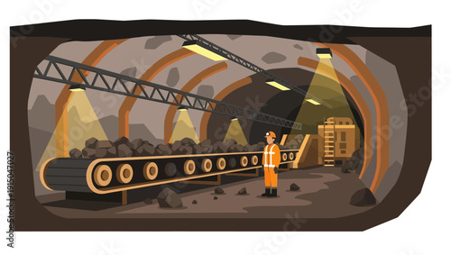 man in orange vest standing next to coal conveyor belt in mine tunnel.