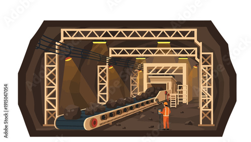 a man in an orange jumpsuit standing next to a conveyor belt in a mine tunnel.