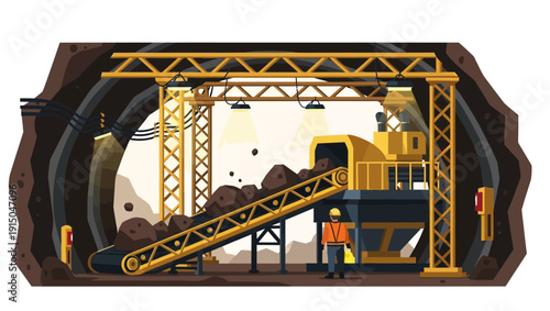 Underground mining operation with conveyor belt transporting raw materials and heavy machinery, overseen by a worker in a tunnel.