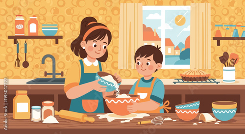 Mother and son baking together in the kitchen.