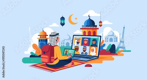 Muslim man attending online religious class during Ramadan.