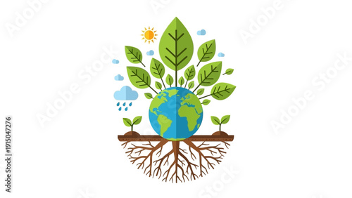 Earth with green leaves and roots, symbolizing environmental protection and growth.