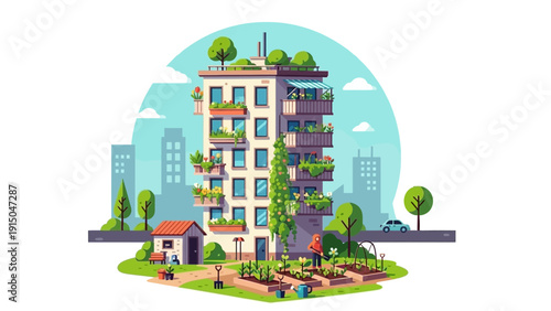 Eco-Friendly Apartment Building with Rooftop Garden and Vertical Farm.