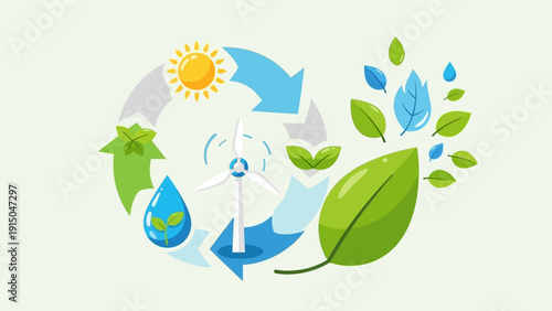 Eco-friendly energy cycle with sun, wind, water, and green leaves.