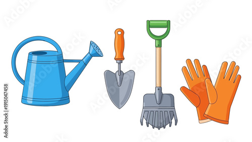 Essential Gardening Tools Collection Watering Can Shovel Rake and Gloves.