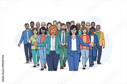 Diverse business team standing together with leader in the forefront smiling and presenting