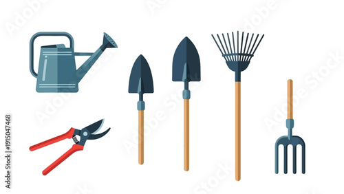 Essential Gardening Tools Collection - Watering Can, Shovels, Rake, Pruning Shears, and Hand Fork.