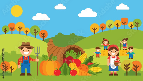 Farmers and a bountiful cornucopia of harvest produce.