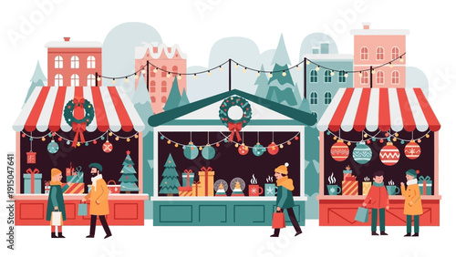 Festive Christmas Market Scene with Shoppers and Decorated Stalls.