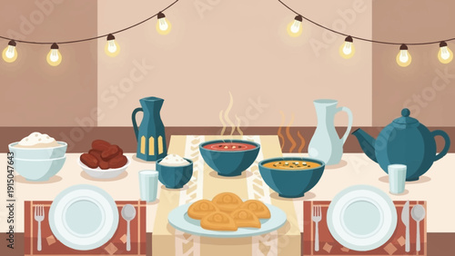 Festive Dinner Table with Delicious Food and Beverages.