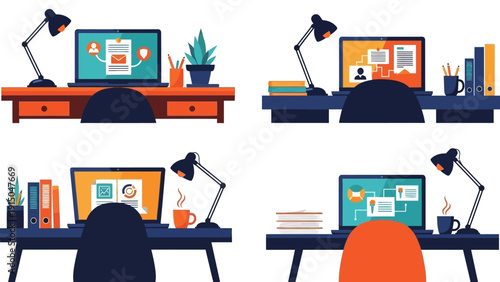 Four different home office setups with laptops and desks.