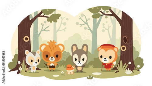 Four adorable cartoon forest animals standing together in a whimsical woodland setting.