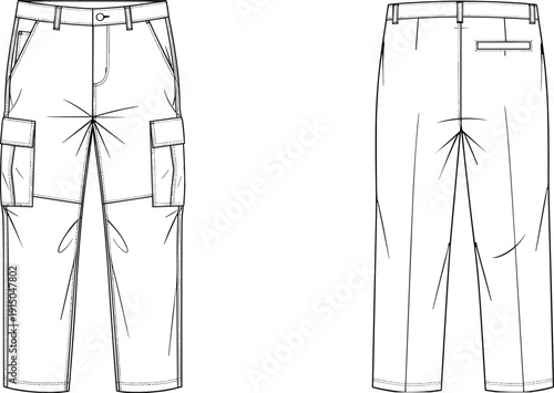 Men cargo pants technical illustration, front and back view, utility trousers with side pockets fashion apparel line drawing isolated on white background