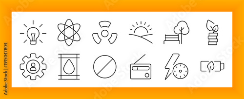 Nature and environment set icon. Includes lightbulb, atom, radioactivity, landscape, tree, flame, user gear, drop test, radio, lightning, and eco battery visuals.