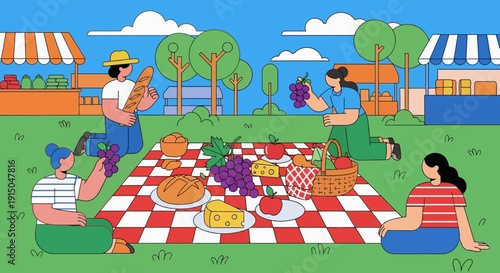 Friends enjoying a delightful picnic outdoors on a checkered blanket with various foods.
