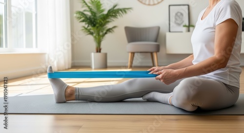 Wallpaper Mural Woman Performing Resistance Band Leg Stretch Exercise at Home, No Face Visible Torontodigital.ca