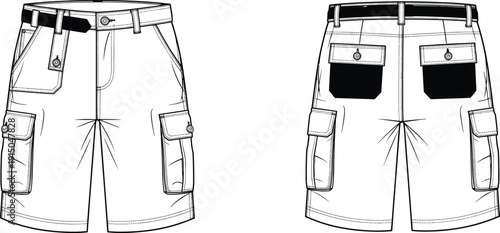 Men cargo shorts technical illustration, front and back view, utility pocket casual shorts fashion apparel line drawing isolated on white background
