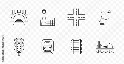 Railway infrastructure set icon. Tunnel, airport, road junction, satellite, traffic light, train, railway, bridge, transport, navigation, structure