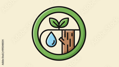 Green sprout growing from a tree stump with a water drop.