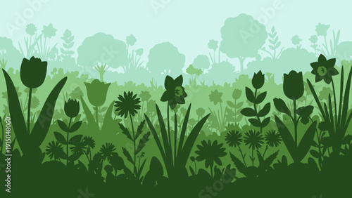 Green spring garden with various flowers and plants silhouettes.