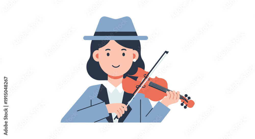 Fototapeta premium Young Woman Playing Violin with Hat and Suit Jacket