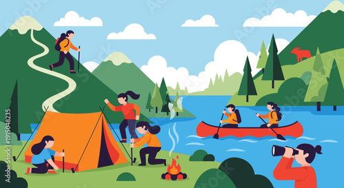 Group of friends enjoying various outdoor activities in nature.