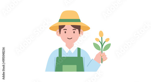 Smiling farmer with yellow flower and straw hat