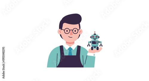 Young Man Holding Small Robot with Excited Expression
