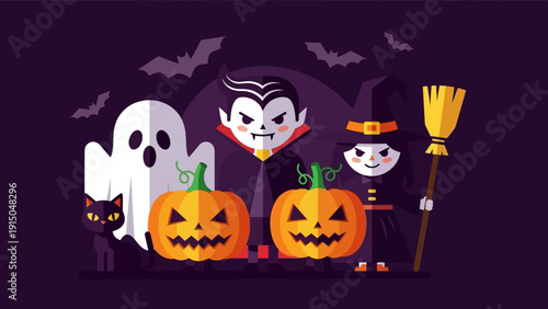 Halloween characters with pumpkins and a black cat.