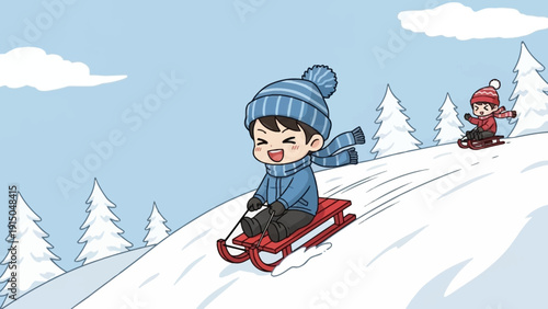 Happy child sledding down a snowy hill in winter.