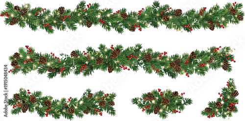 Realistic Christmas garland with pine cones, red berries, and twinkling lights, perfect for holiday decor.