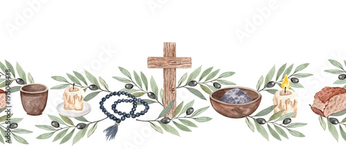Wooden cross, rosary, bowl of ashes, candle, bread, olive branch seamless horizontal watercolor border on white with copy space perfect for for Lent church designs. White background. Christian symbols