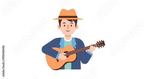 Young Man Playing Acoustic Guitar with Hat in Striped Shirt