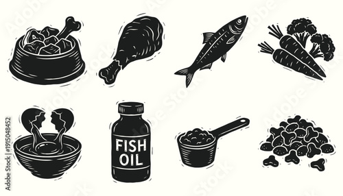 Essential Pet Food Ingredients Woodcut Style Illustration Set