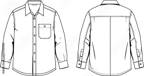 Men long sleeve shirt technical fashion illustration, front and back view, button down casual garment flat sketch vector
