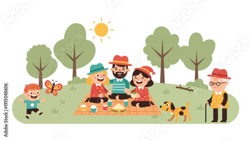 Happy family enjoying a picnic outdoors in a park.