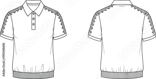 Men polo shirt technical illustration, front and back view, short sleeve collared top with lace detail fashion apparel line drawing isolated on white background