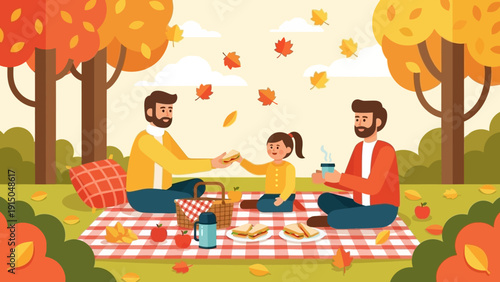 Happy family enjoying an autumn picnic in the park.