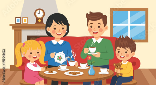 Happy family enjoying a cozy tea time together at home.