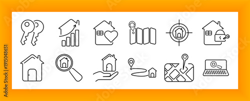 Real estate set icon. House, key, graph, heart, map, location pin, magnifying glass, laptop, search, hand, agent, and sale-related symbols for property management.