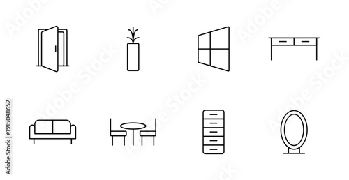 Interior furniture set icon. Door, vase, window, table, sofa, chair, drawer, mirror, decor, object, apartment, flat, minimal, modern, cozy, room