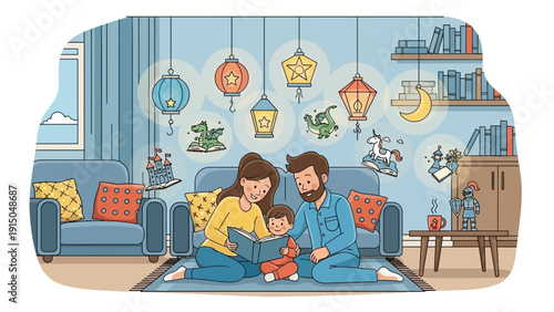 Happy family reading a book together at home.