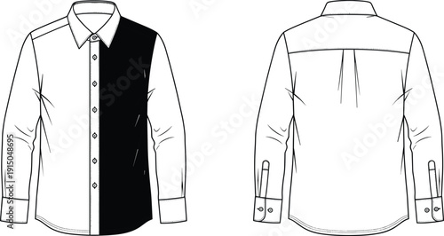 Men long sleeve shirt technical illustration, front and back view, button down collared top fashion apparel line drawing isolated on white background