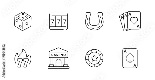 Casino set icon. Dice, slot machine, horseshoe, cards, fire with 77, building, chip, ace card drawn in gambling outline icon theme.