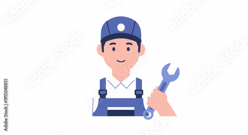 Friendly mechanic holding wrench in workshop setting