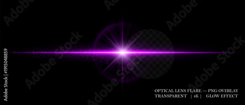 Horizontal optical lens flare with glowing dust and luminous beam. Great for cinematic overlays, highlight accents, and futuristic design compositions.
