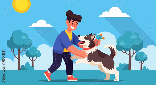 Happy person playing with their dog outdoors.