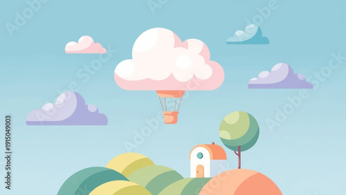 Hot air balloon shaped like a cloud floating above a whimsical landscape.