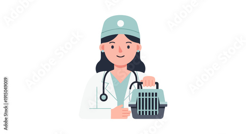 Female Veterinarian with Animal Carrier Box in Clinic Setting